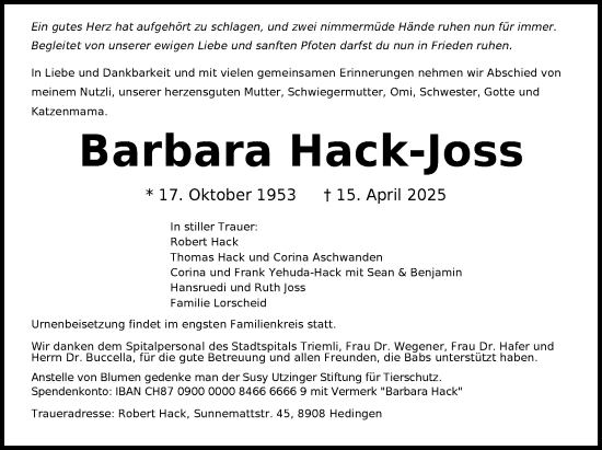 Zur Gedenkseite von Barbara Hack-Joss