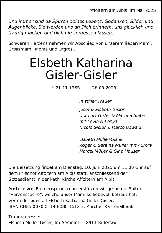 Zur Gedenkseite von Elsbeth Katharina Gisler-Gisler