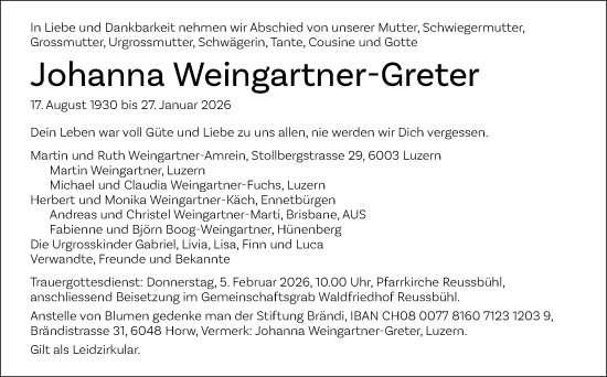 Zur Gedenkseite von Johanna Weingartner-Greter